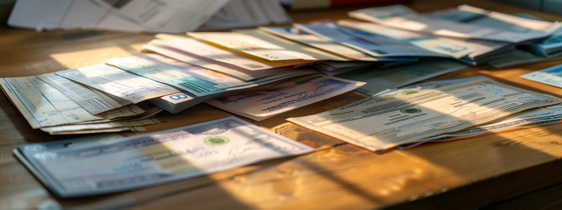 a visually striking arrangement of various cheque types, including vibrant personal cheques, authoritative business cheques, and secure certified cheques, arranged on a polished wooden desk with soft, natural lighting highlighting their distinct features and purpose in financial management.