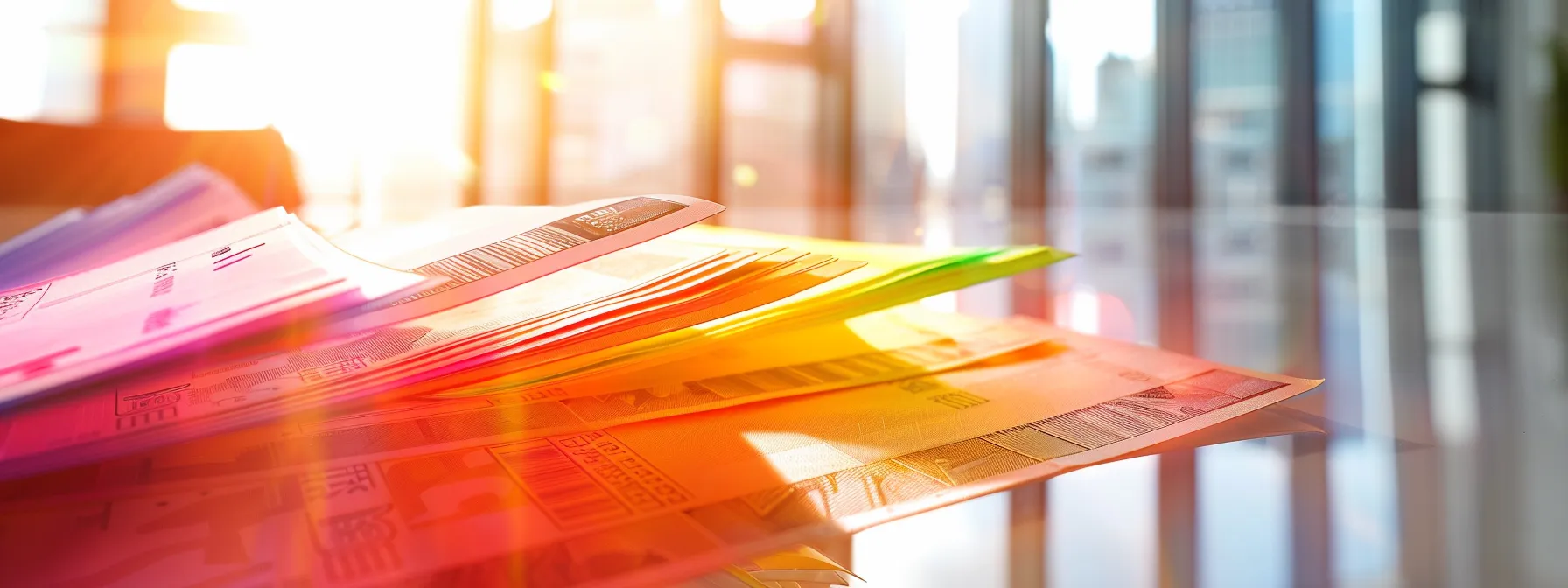 a visually striking arrangement of elegantly designed business cheques, showcasing vibrant colors and unique patterns that embody distinct brand identities, set against a soft-focus, professional office backdrop.