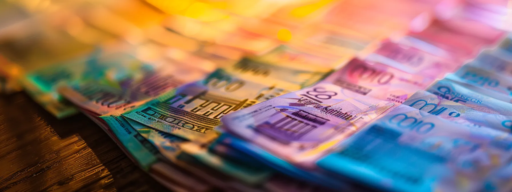 a visually striking close-up of a variety of bank cheques arranged neatly on a polished wooden desk, showcasing their distinct designs and colors under soft, diffused lighting that highlights the security features.