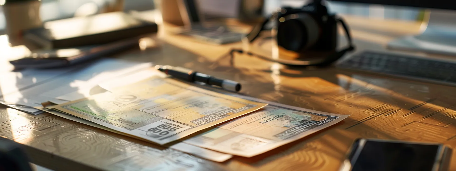 a visually striking close-up of a beautifully designed custom cheque, showcasing intricate patterns and colors that reflect a professional brand identity, set against a sleek, modern business desk illuminated by soft, natural light.