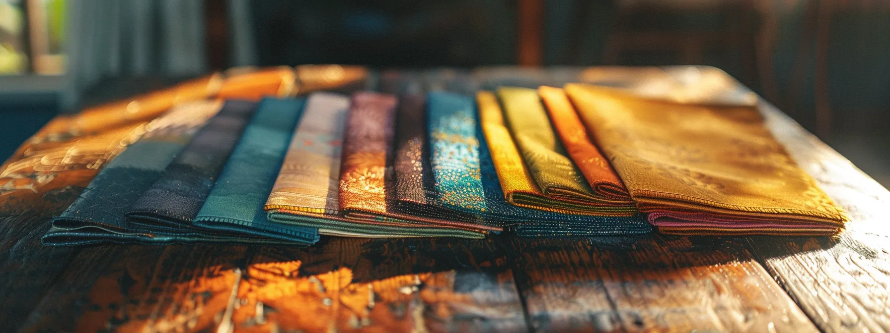 a visually striking close-up of an elegantly arranged selection of fabric samples and color swatches displayed on a sleek wooden table, illuminated by soft, natural light that emphasizes their texture and vivid hues, illustrating the importance of quality in purchasing decisions.