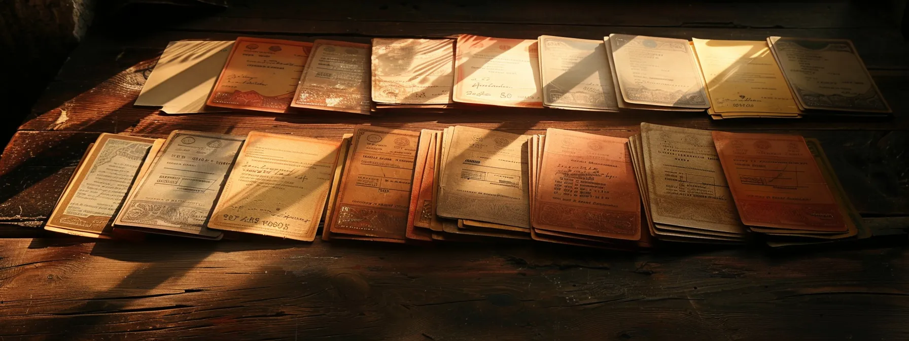 a visually striking composition of an array of personal and business order cheques artfully arranged on a polished wooden desk, illuminated by warm, diffused lighting that enhances their textures and colors, representing the diversity and importance of financial transactions.