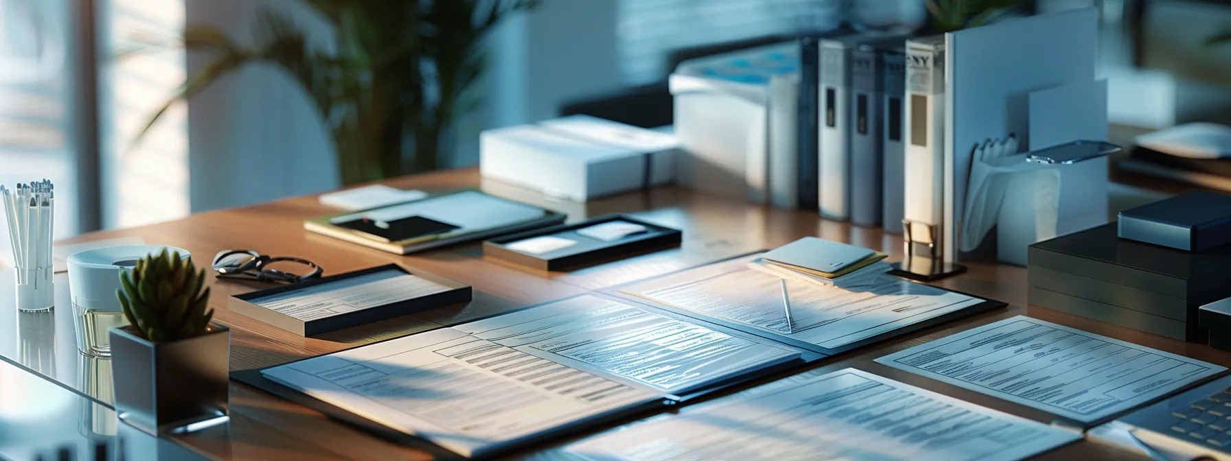 a visually striking composition of a sleek, organized workspace featuring a variety of elegant cheque designs arranged neatly on a polished wooden desk, illuminated by soft, natural light streaming through a nearby window, highlighting the importance of precision and professionalism in the cheque ordering process.