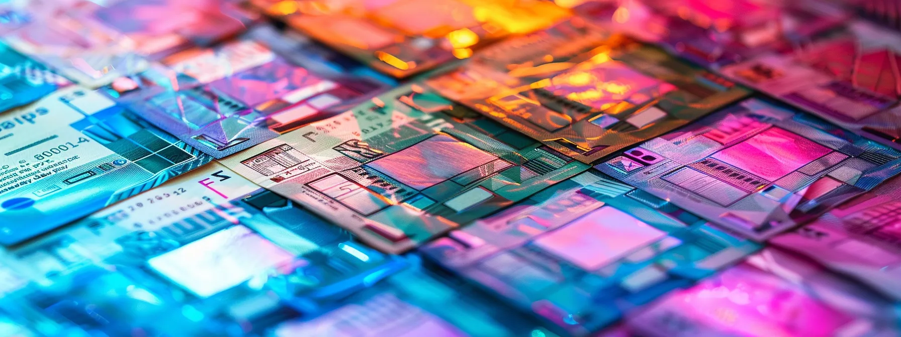 a visually striking display of an elegant array of business and personal cheques, showcasing diverse printing techniques, vibrant color contrasts, and intricate security features on glossy synthetic paper under soft, diffused lighting.
