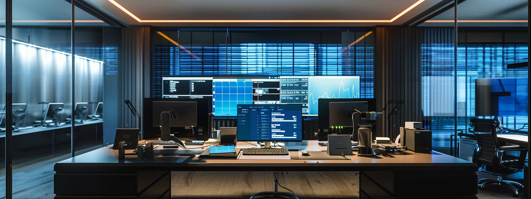 a visually striking image of a professional office setting showcasing a sleek computer screen displaying a side-by-side comparison of cheque printing service providers, illuminated by soft, focused lighting that emphasizes the importance of quality and reliability in business finance.
