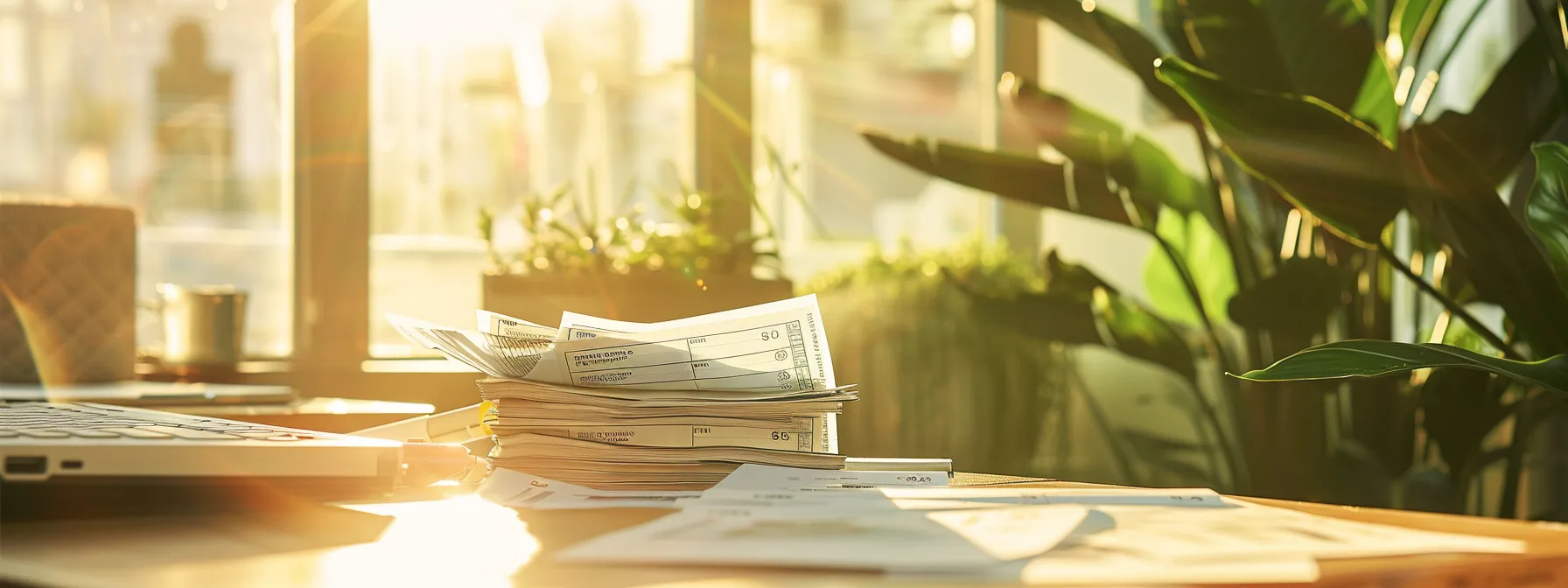 a visually striking image of a neatly arranged stack of custom cheques with a sleek accounting software interface in the background, bathed in warm natural light to emphasize the importance of streamlined financial management and accurate record keeping.