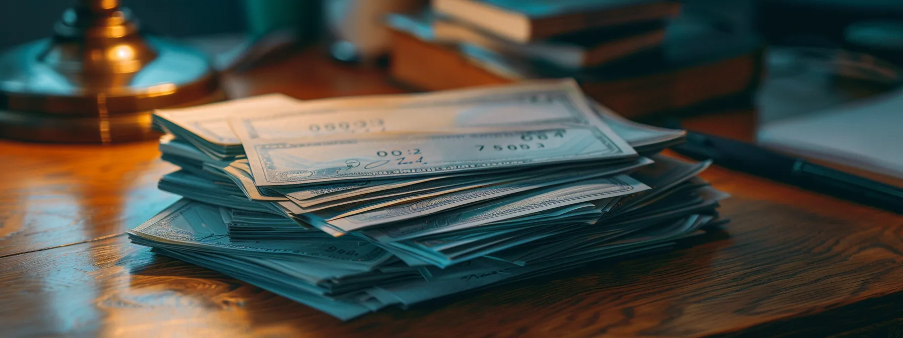 a visually striking image of a neatly arranged stack of business and personal cheques, illuminated by soft, focused lighting, set against a backdrop of an elegant wooden desk, symbolizing the intricacies of cheque ordering and the importance of managing expectations.