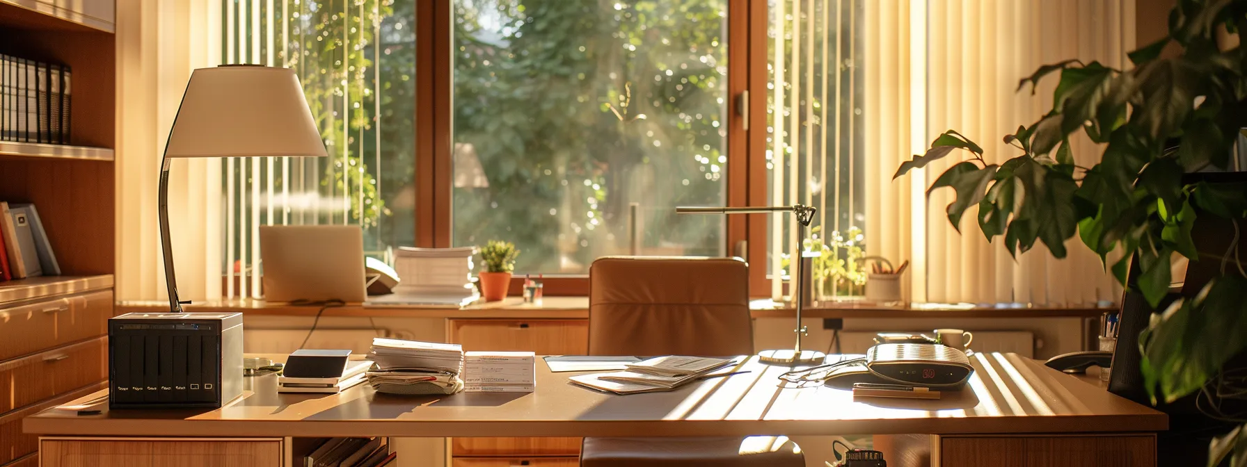 a visually striking office scene showcases an organized desk with business and personal cheques neatly arranged, illuminated by natural light from a large window, emphasizing clarity and professionalism in the sample request process.