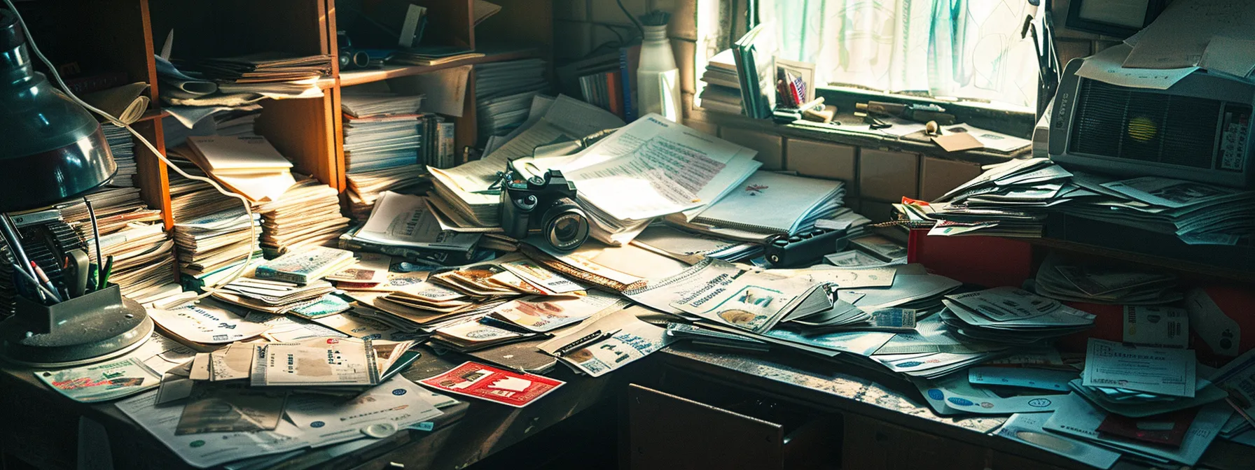 a visually striking scene captures a cluttered desk filled with various business and personal cheques, highlighting the confusion of common payment issues, illuminated by soft natural light streaming through a nearby window.