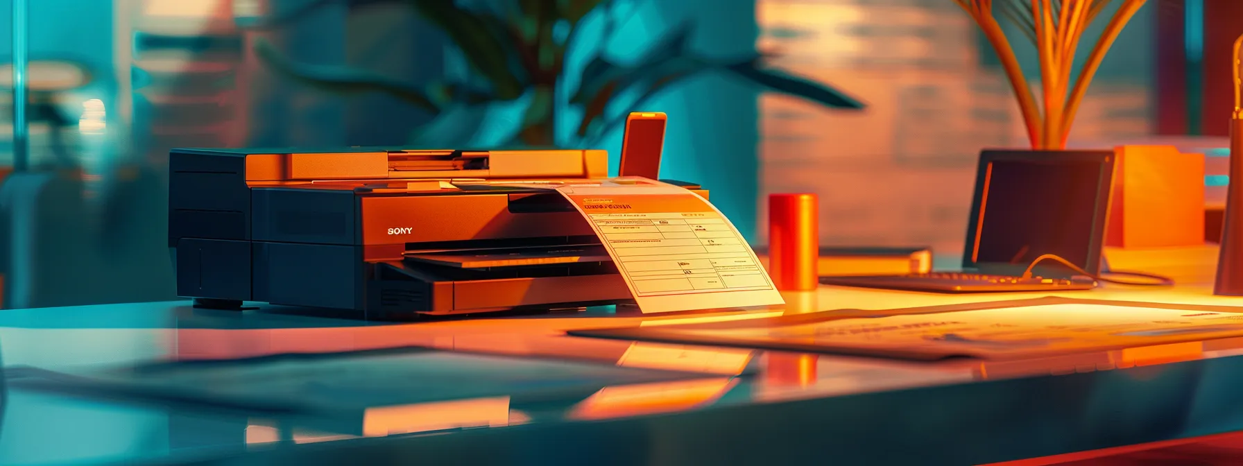 a visually striking scene contrasts a professional cheque printing service with sleek, modern online options, showcasing a gleaming printer and vibrant digital interface under soft, focused lighting.