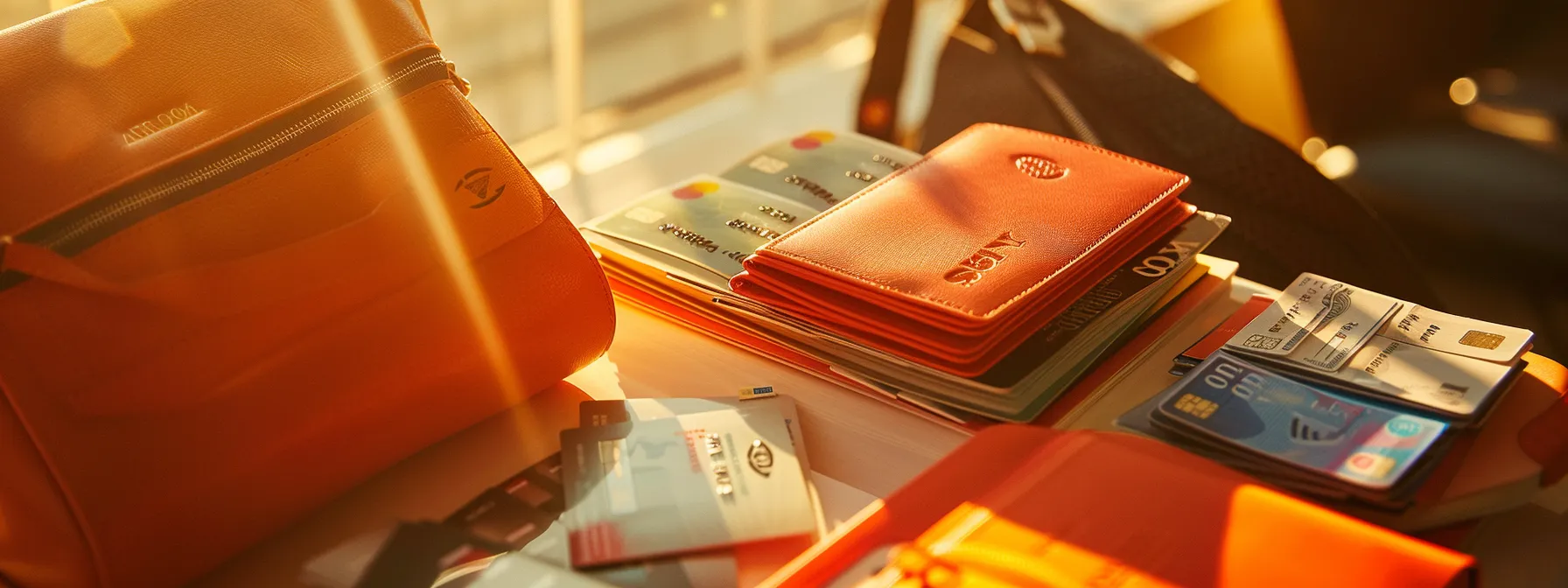 a visually striking scene depicts an array of vibrant travel essentials, featuring neatly stacked traveler’s cheques and a sleek credit card, illuminated by warm sunlight, symbolizing the contrast between security and convenience in modern travel finance.