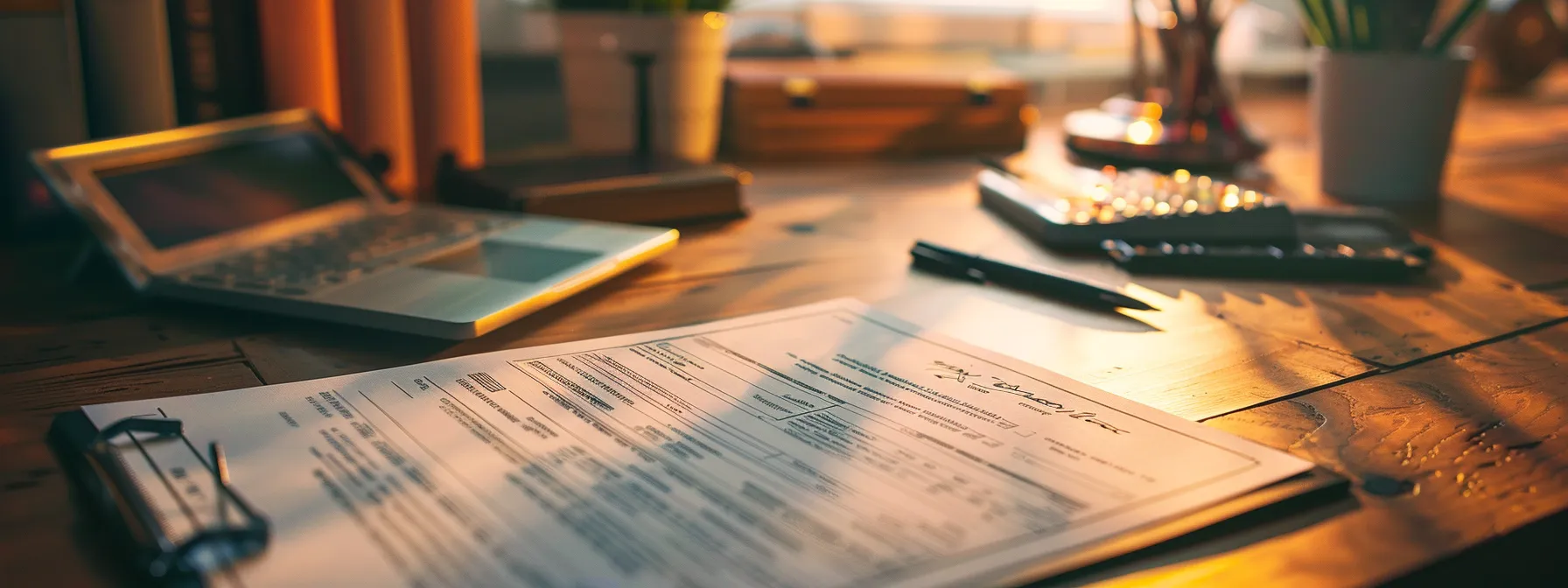 a well-organized desk scene features a neatly filled-out third-party cheque alongside essential identification documents and a formal contract, illuminated by soft natural light, emphasizing the importance of clarity and security in financial transactions.