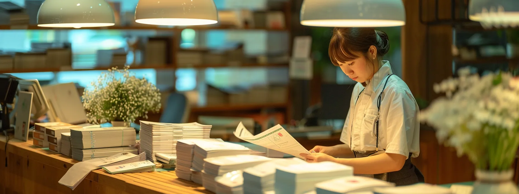 a well-organized bank counter, bathed in soft natural light, showcases a focused individual presenting documents for a certified cheque, surrounded by stacks of business and personal cheques.
