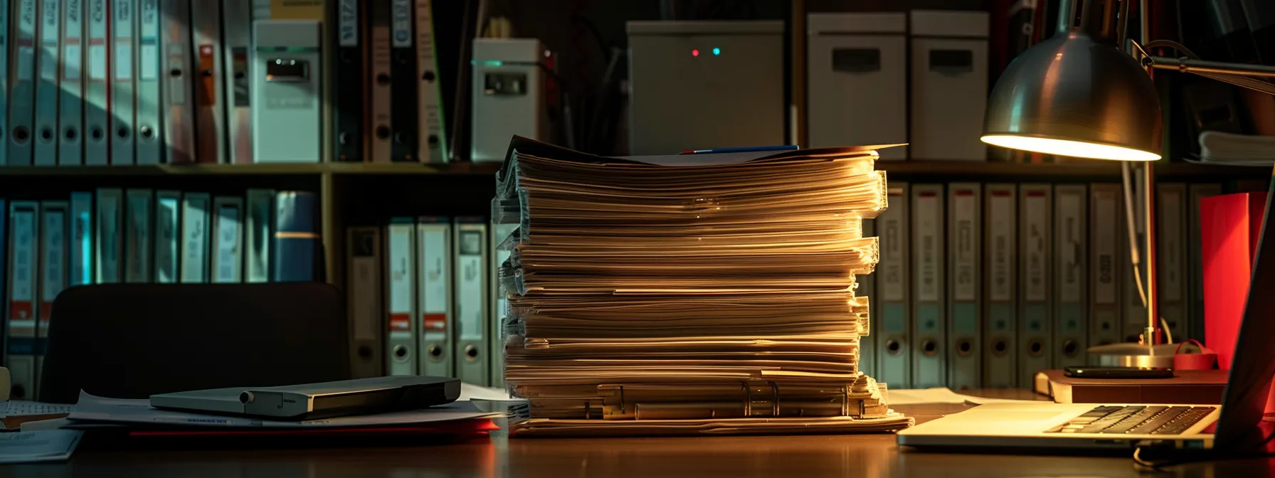a well-organized office desk features a stack of bulk corporate cheques with an elegant security binder beside a sleek laptop, bathed in soft, natural light that highlights the structured ambiance of streamlined financial management.