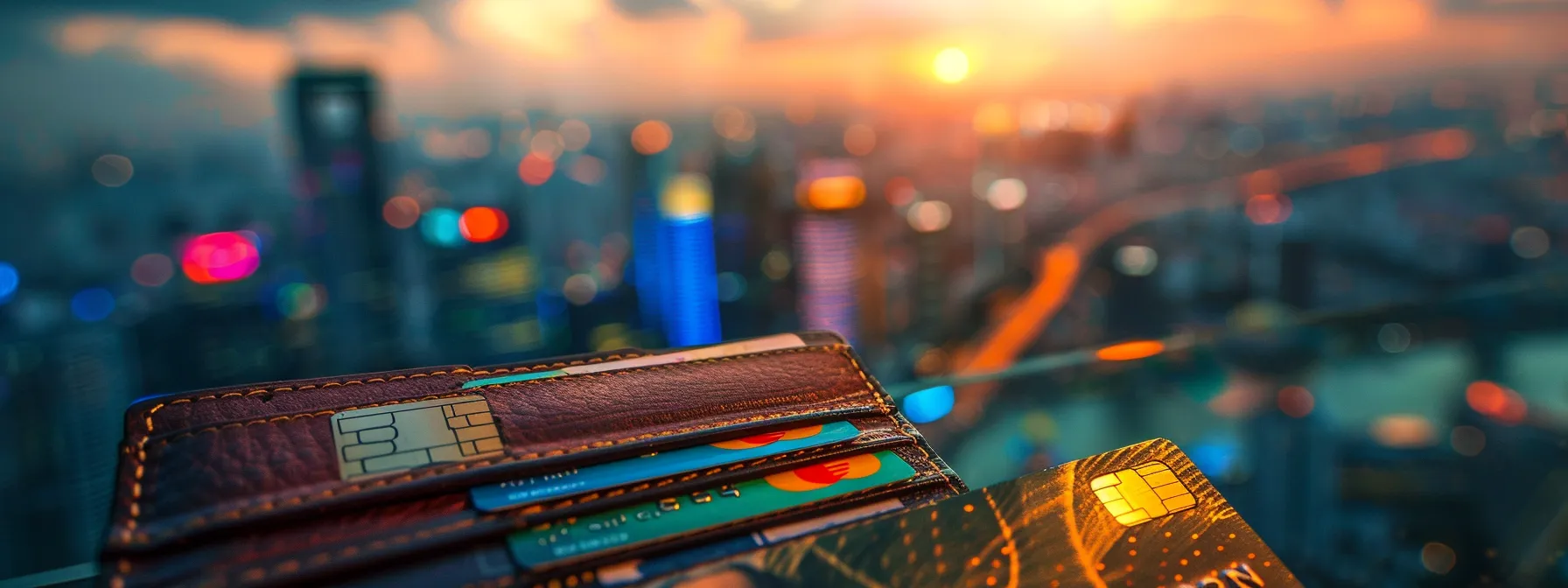 a well-organized traveler's wallet showcasing various credit cards and traveler's cheques against a backdrop of a vibrant international cityscape at dusk, illuminated by city lights to emphasize the theme of financial security and accessibility while traveling.