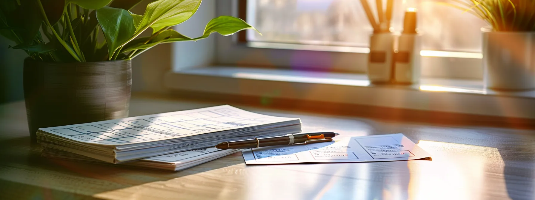 an elegant, modern office desk showcases a pristine stack of business and personal cheques, bathed in soft natural light, symbolizing the importance of secure financial practices and reliability in cheque ordering.