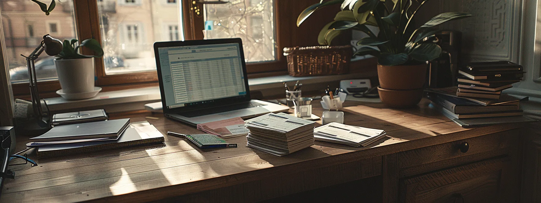 an organized workspace with a pristine wooden desk features an elegant stack of business and personal cheques alongside a sleek laptop displaying a financial management website, illuminated by soft, natural light filtering through a nearby window.