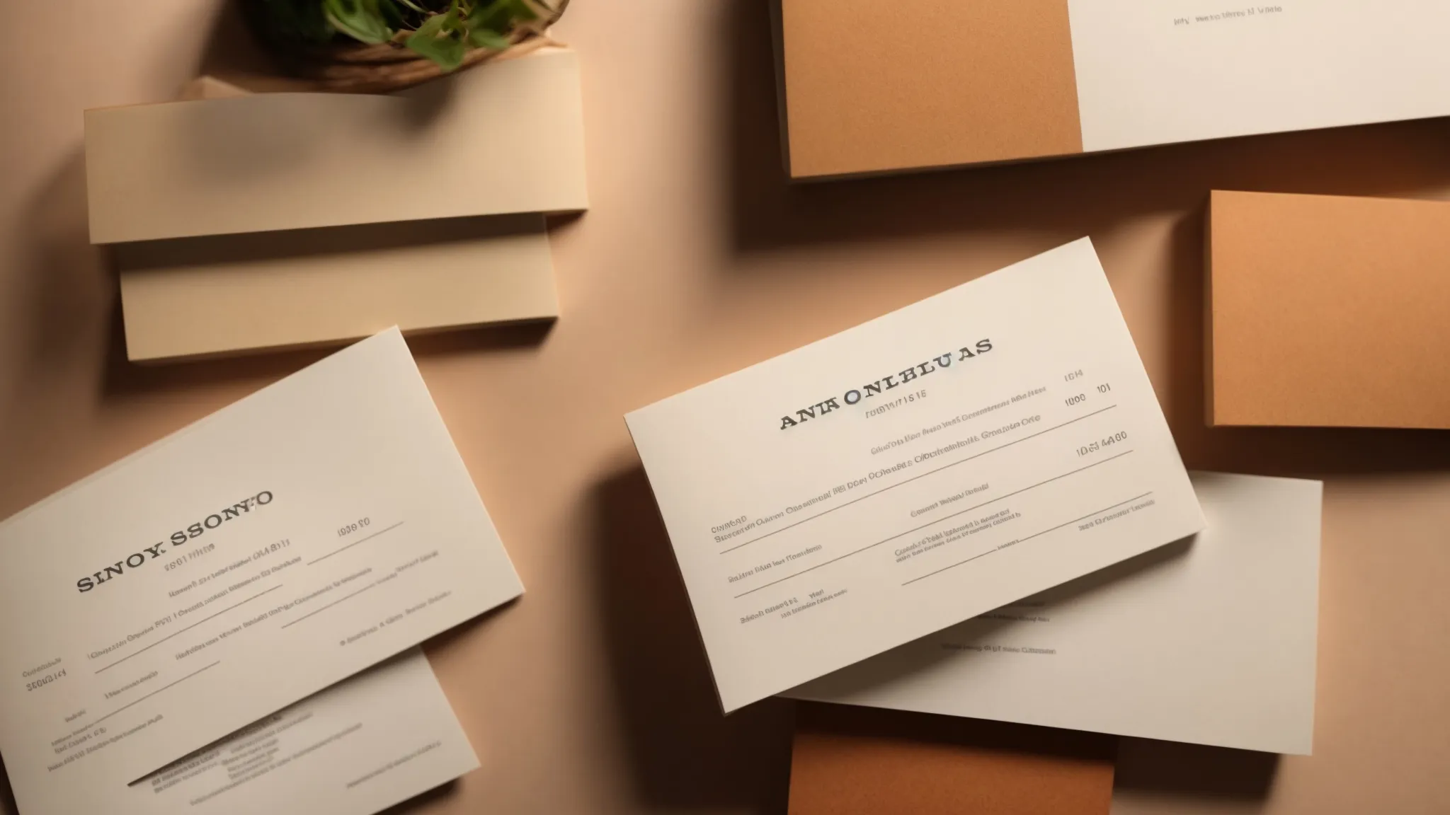 a beautifully arranged flat lay of eco-friendly order cheques made from sustainable materials, featuring earthy tones and natural textures, illuminated by soft, warm light to highlight their ethical craftsmanship.
