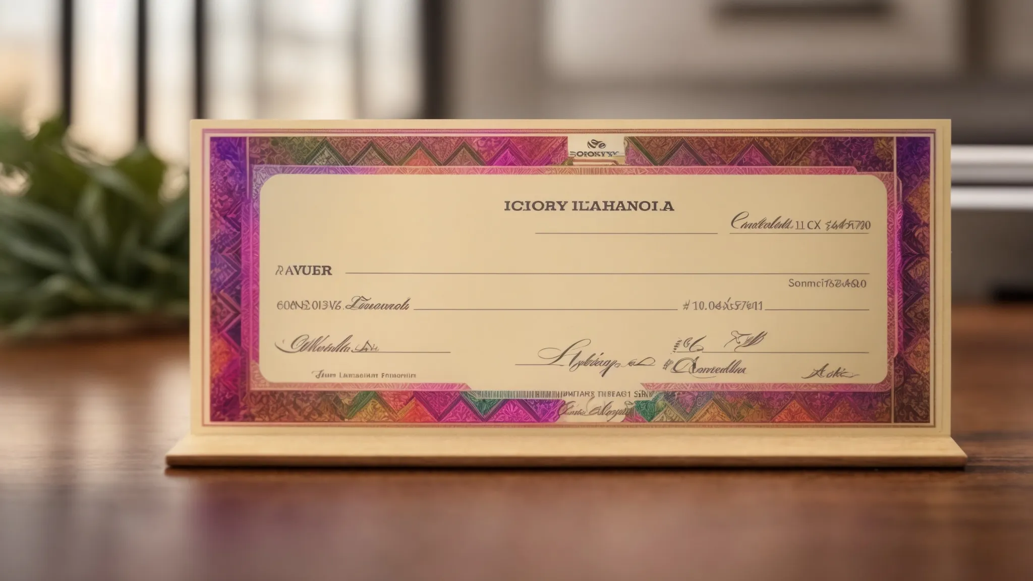 a beautifully designed custom personal cheque, featuring intricate patterns and vivid colors, is elegantly displayed on a polished wooden desk, symbolizing professionalism and individuality in financial management.