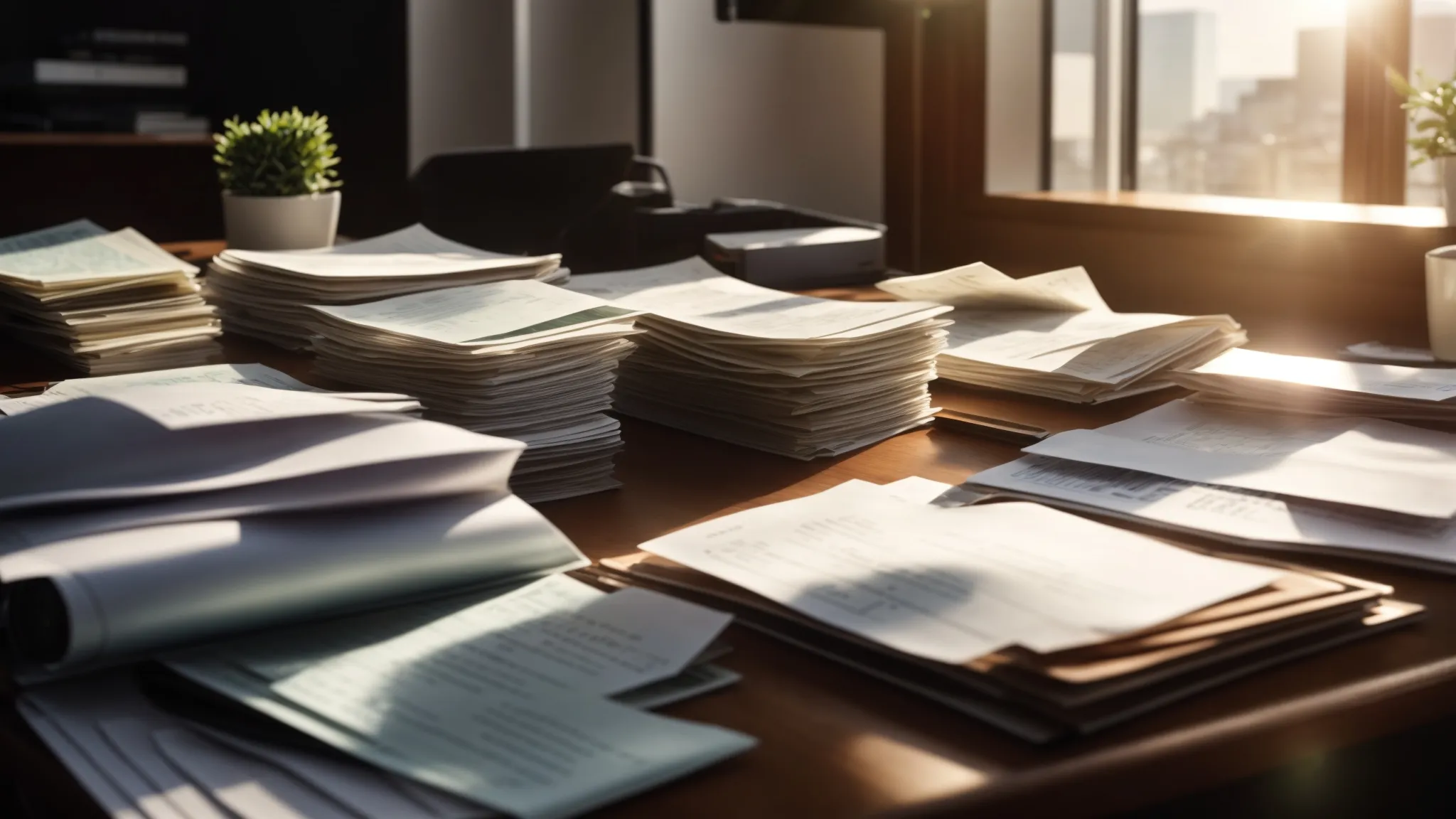 a business executive reviews a neatly organized desk filled with various cheques and financial documents, illuminated by soft natural light streaming through a nearby window, conveying a sense of meticulous financial management and preparedness.