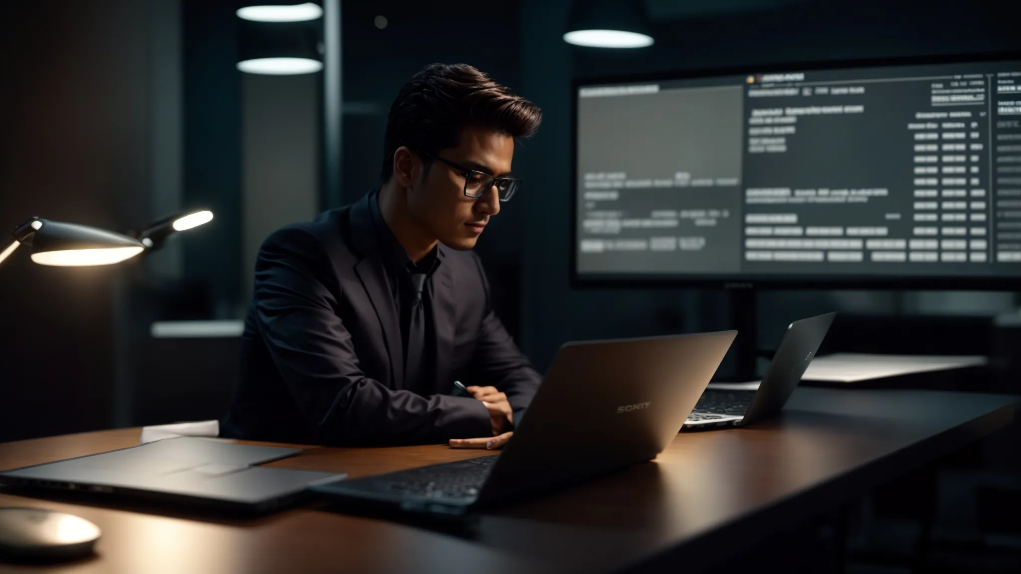 a business professional reviews a sleek laptop screen displaying a detailed invoice of personalized cheques, with various additional costs highlighted, illuminated by soft, focused lighting in a modern office setting.