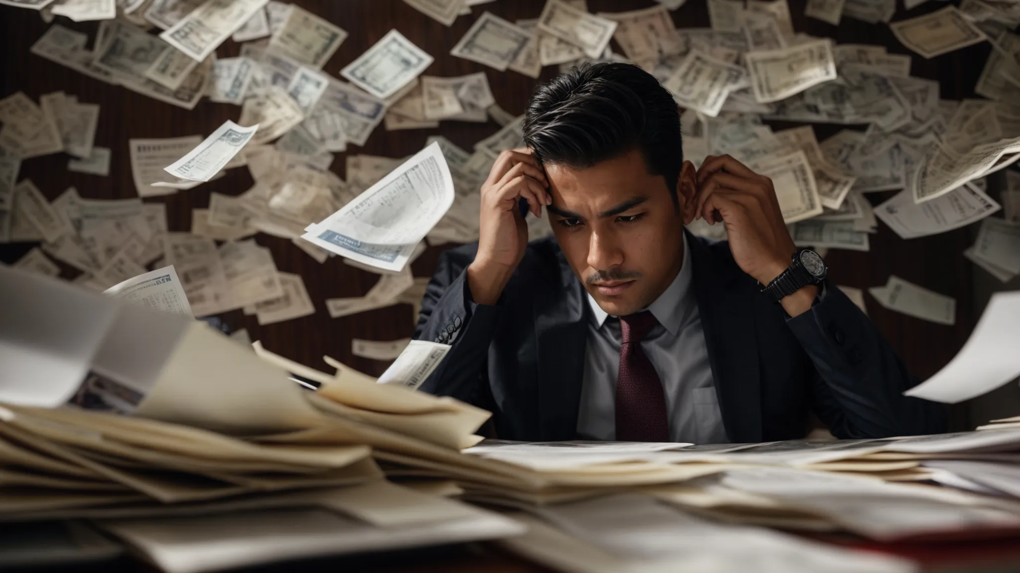 a close-up image of a frustrated business professional sitting at a cluttered desk, surrounded by scattered cheques and bills, illuminated by harsh overhead lighting that emphasizes the tension and urgency of cheque processing delays.