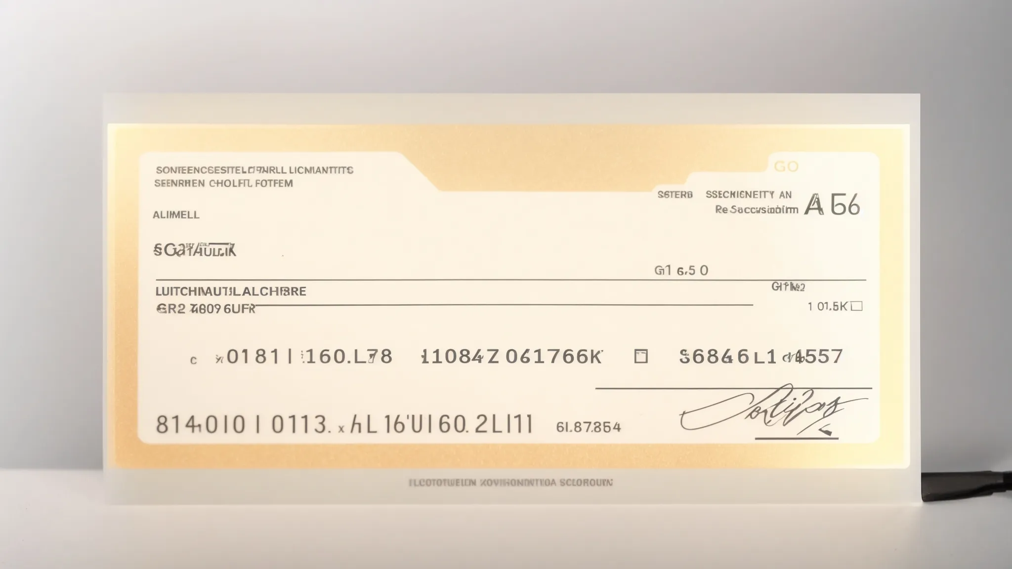 a close-up of a beautifully designed business cheque featuring integrated security features illuminated under soft, focused lighting, conveying a sense of trust and financial integrity.