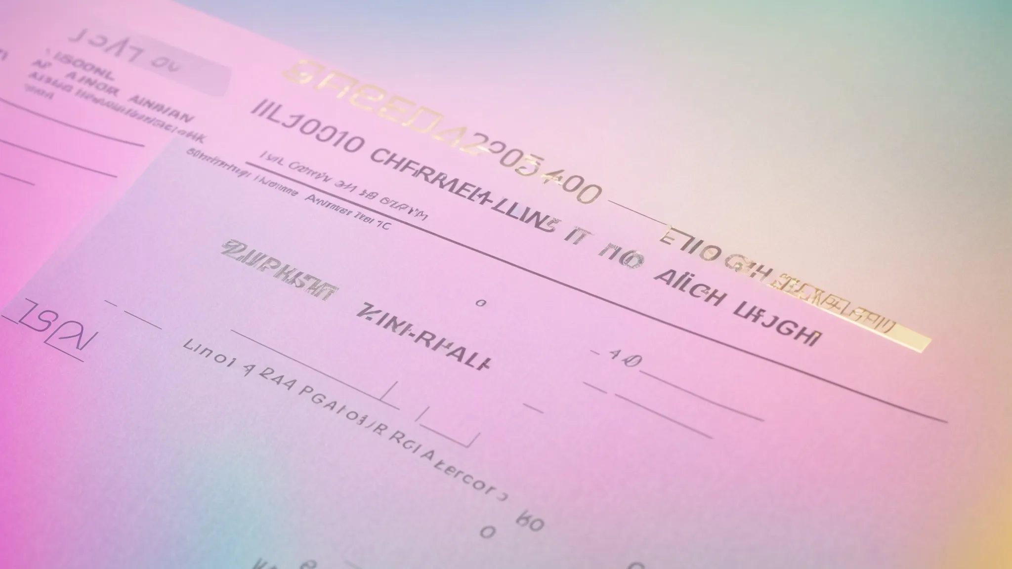 a close-up of a beautifully designed personal cheque featuring vibrant foil accents, elegantly showcasing its unique style while emphasizing security against identity theft in a soft, diffused lighting setting.