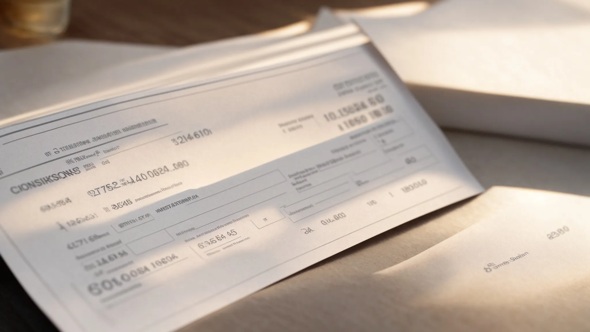 a close-up of a business cheque lying on a polished desk, illuminated by soft, natural light, showcasing intricate design details while surrounded by scattered papers symbolizing the chaos of banking errors and payment challenges.
