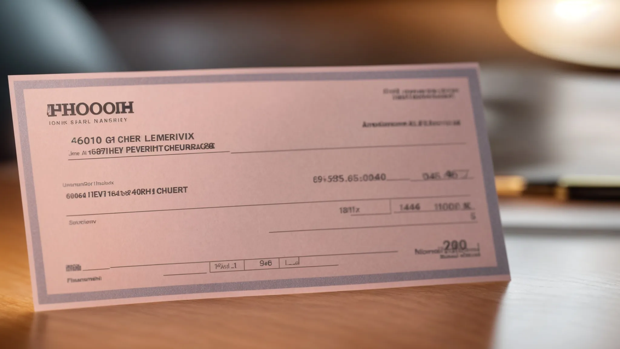 a close-up of a business cheque secured on a polished wooden desk, highlighting vibrant security features like thermochromic ink and a void pantograph, illuminated by soft, natural light that enhances the professionalism of cheque management.