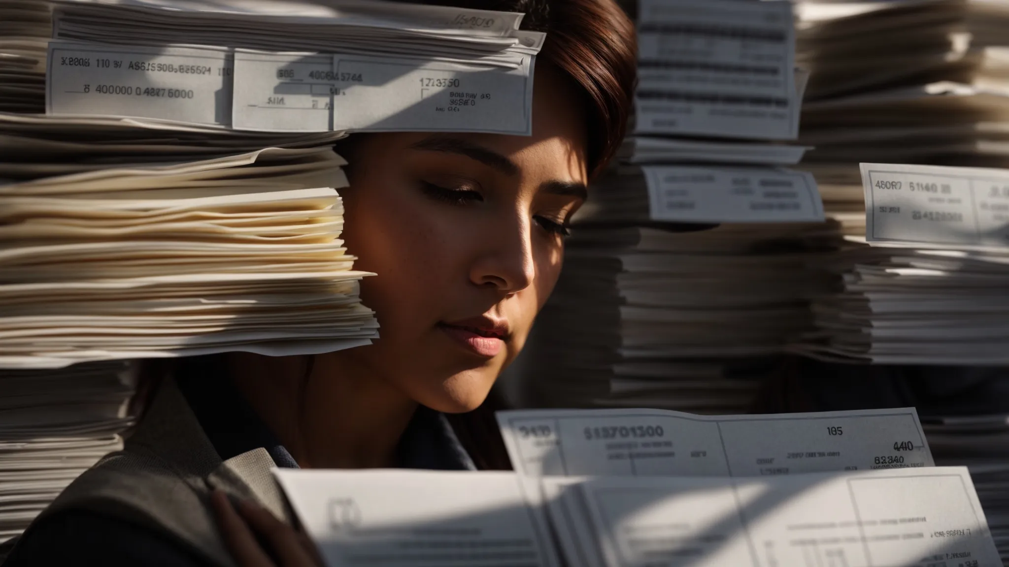 a close-up of a business professional reviewing a stack of cheques under soft, natural lighting, with a concerned expression reflecting the complexities of handling cheque payment issues.