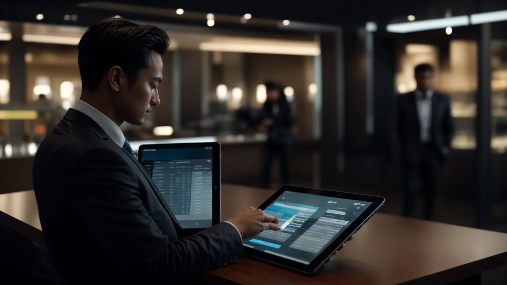 a close-up of a focused business professional interacting with a sleek digital banking app on a tablet, surrounded by neatly stacked business and personal cheques, capturing the essence of modern financial security and transaction control.