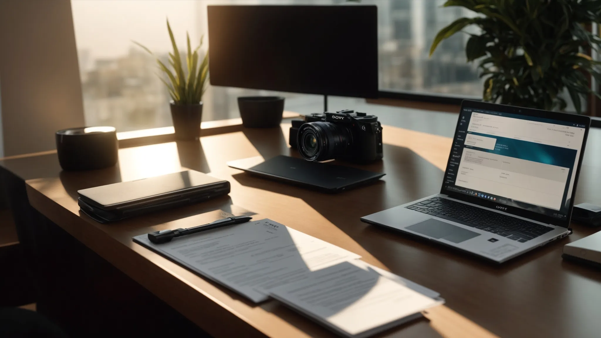 a close-up of a pristine desk featuring a sleek laptop with an open bank statement, alongside neatly arranged business and personal cheques, illuminated by warm natural light, conveying a sense of vigilance and financial security.