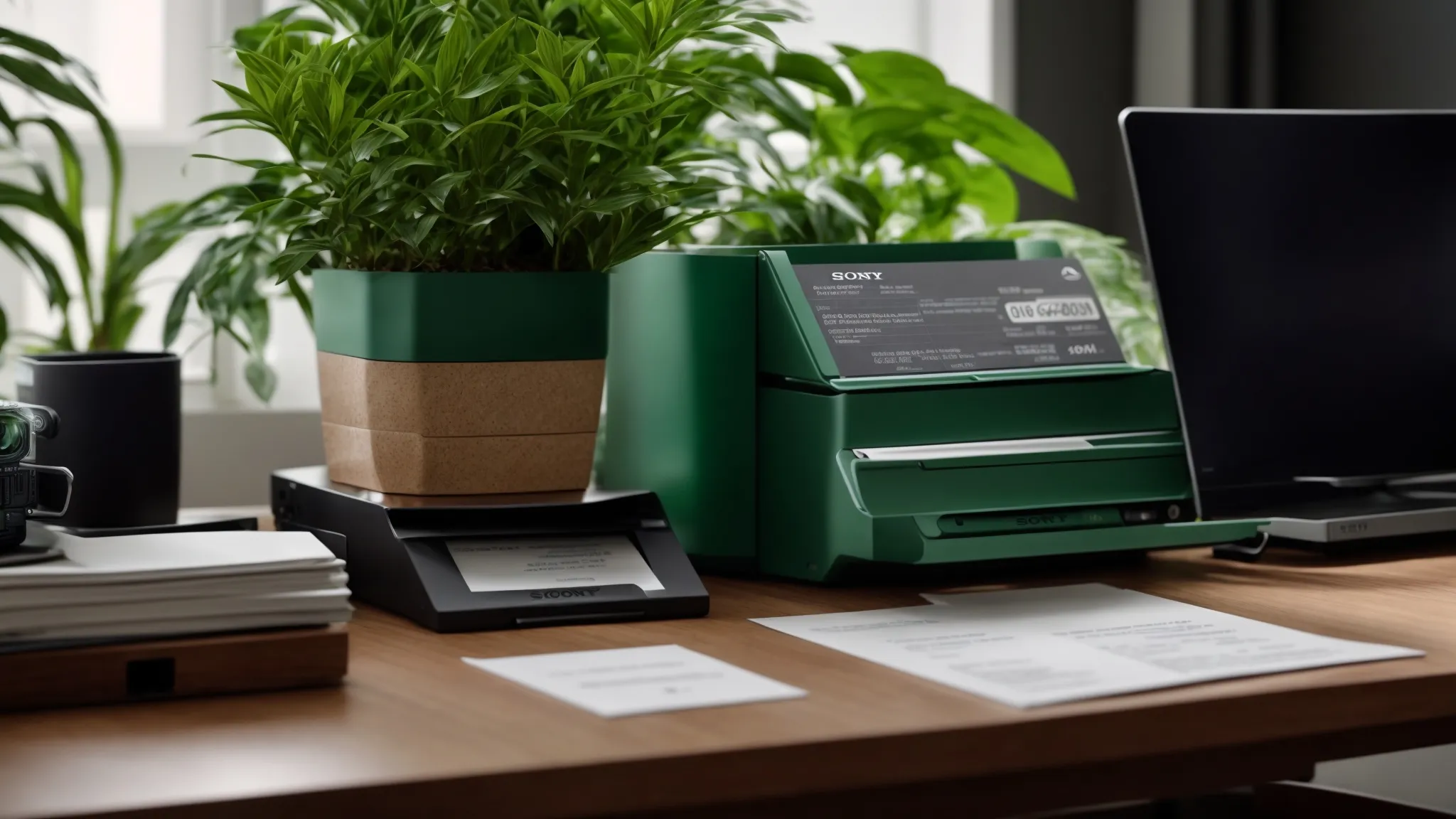 a close-up of a secure home office setup, featuring a collection of personal and business cheques neatly organized, alongside a shredder, a laptop displaying a banking app, and a vibrant green plant for a touch of freshness, all illuminated by soft, natural lighting.