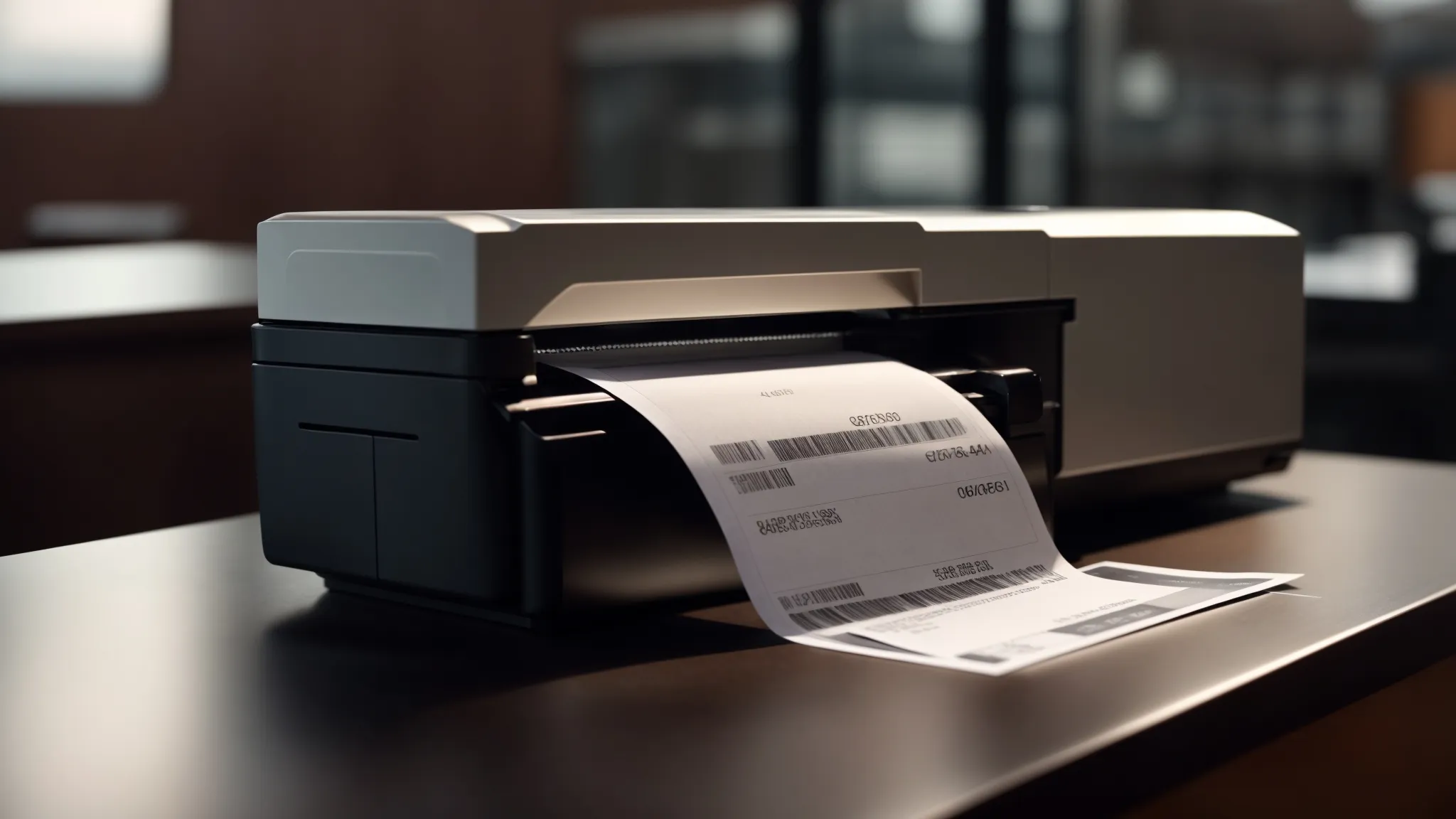 a close-up of a sleek, modern cheque printer in action, vividly producing a crisp business cheque with a backdrop of blurred financial documents, capturing the essence of efficiency and security in quick cheque printing services.