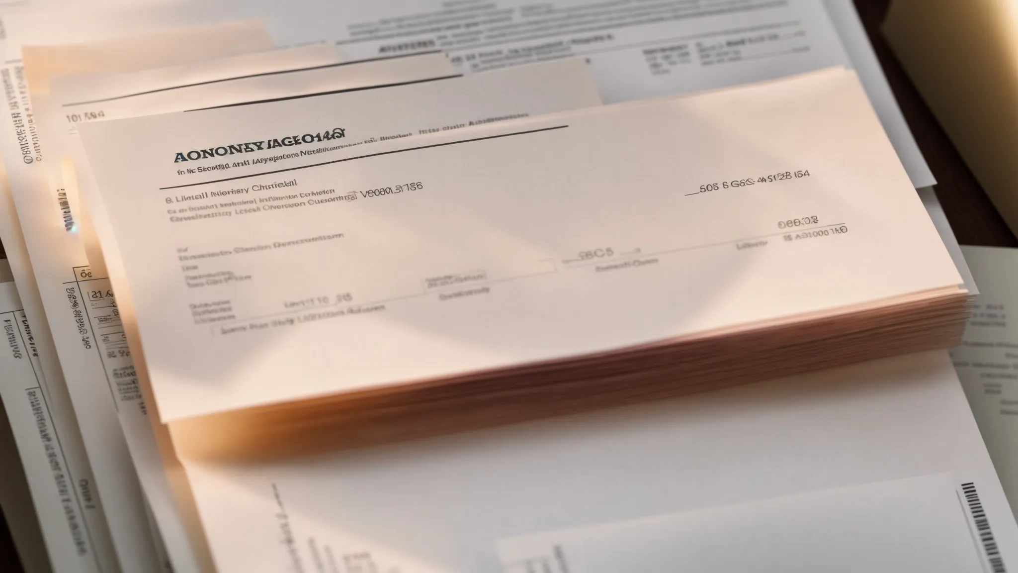 a close-up of a stack of high-quality cheque papers, showcasing their smooth texture and vibrant security features under soft, diffused lighting, illustrating the importance of composition and weight in cheque quality.