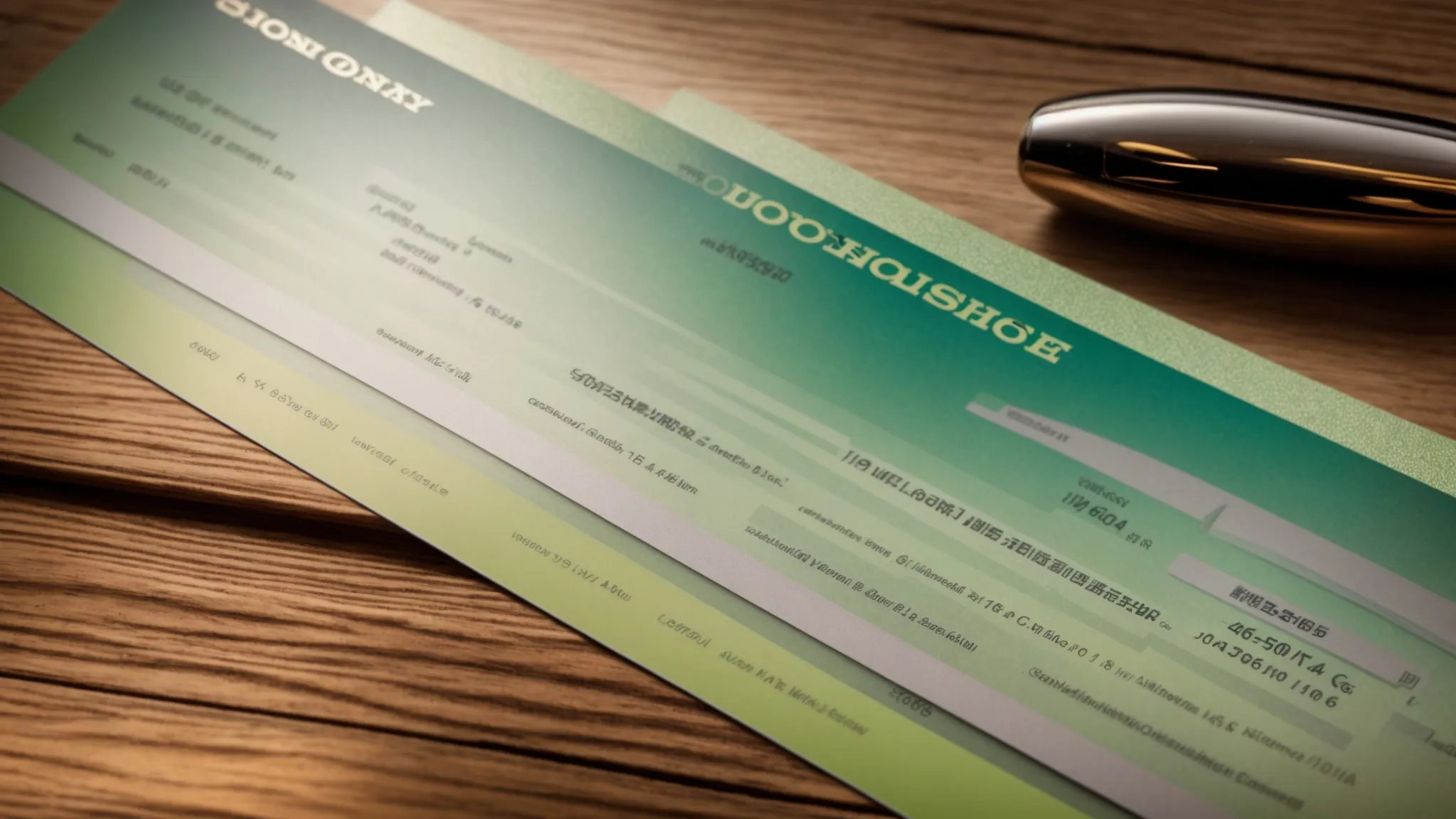 a close-up of an elegant, textured personal cheque design displayed on a polished wooden desk, showcasing vibrant, eco-friendly colors and intricate patterns that emphasize sustainability and sophistication.