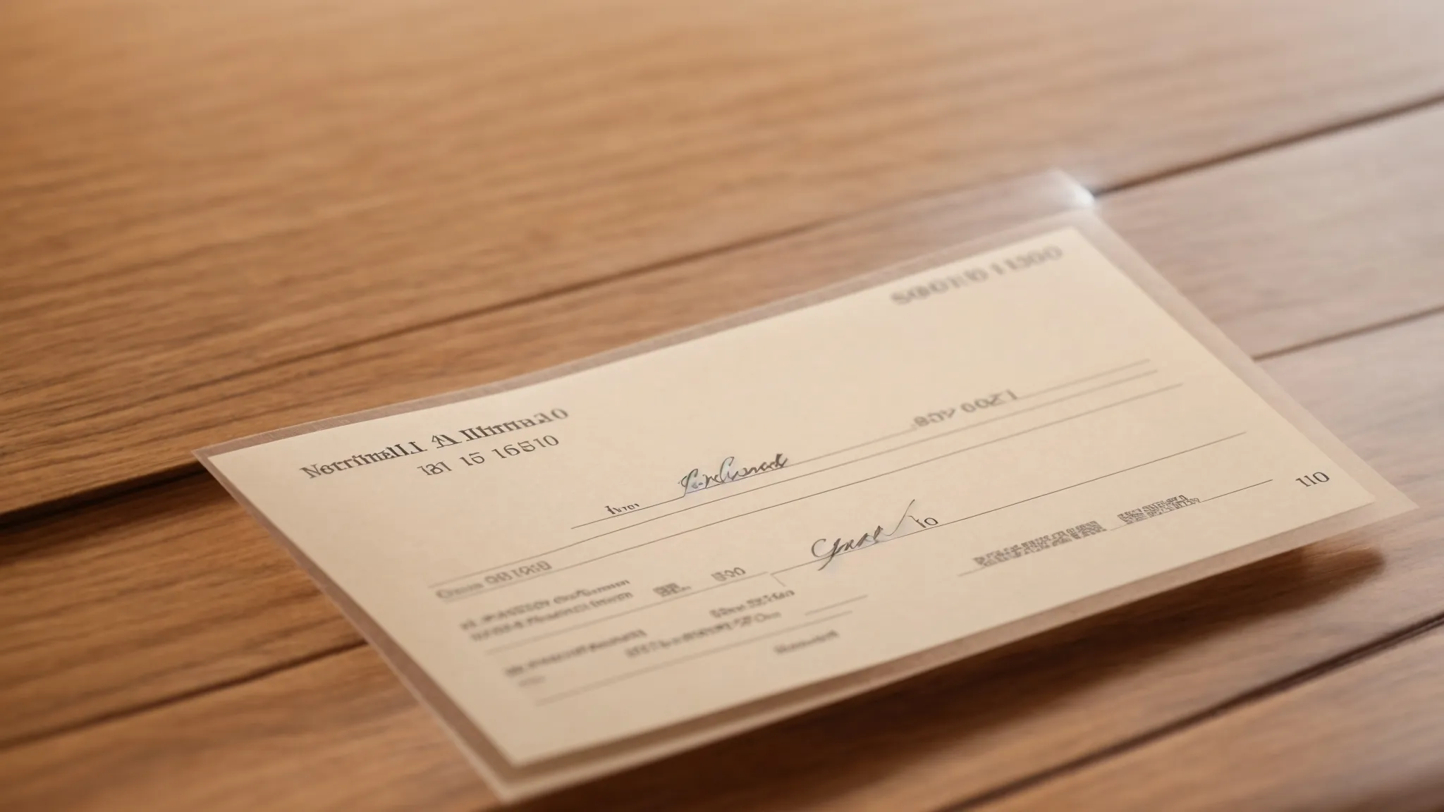 a close-up shot of a neatly handwritten cheque resting on a polished wooden desk, illuminated by soft natural light, emphasizing the elegance and precision of financial transactions.