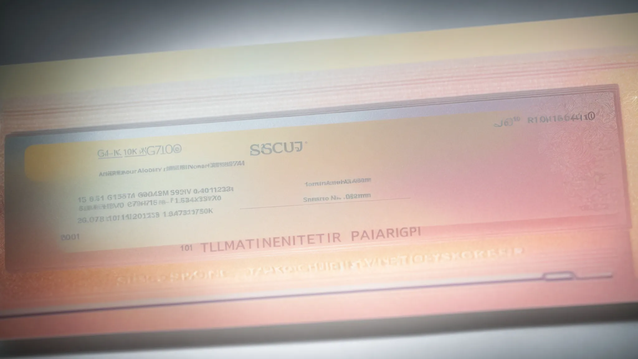 a close-up view of a security-enhanced cheque featuring intricate foil elements, a visible watermark, and microprinting, illuminated with soft, diffused lighting to highlight its protective features against counterfeiting.