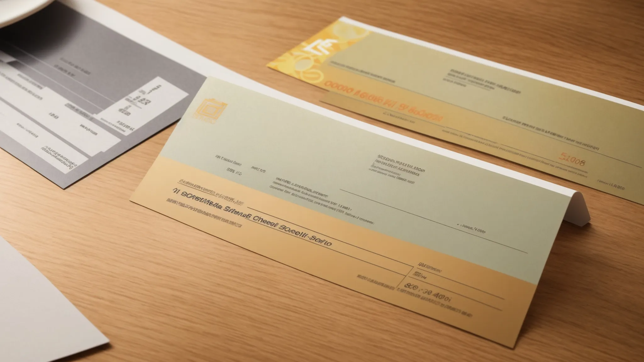 a collection of elegantly designed business and personal cheques, displaying various styles and formats, arranged aesthetically on a sleek wooden surface, illuminated by soft, natural light to highlight their unique features and textures.