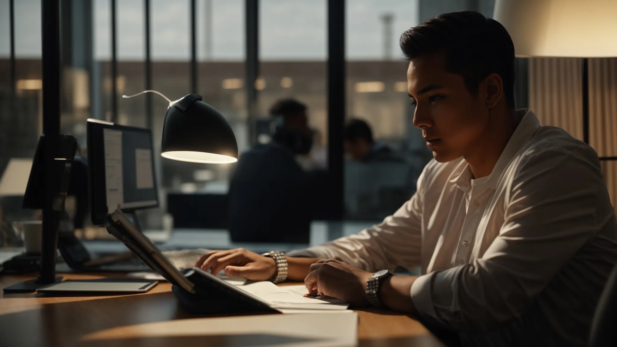 a concerned customer sits at a well-organized desk illuminated by warm, natural light, surrounded by business cheques and a laptop displaying online order details, embodying the theme of resolving payment issues effectively.