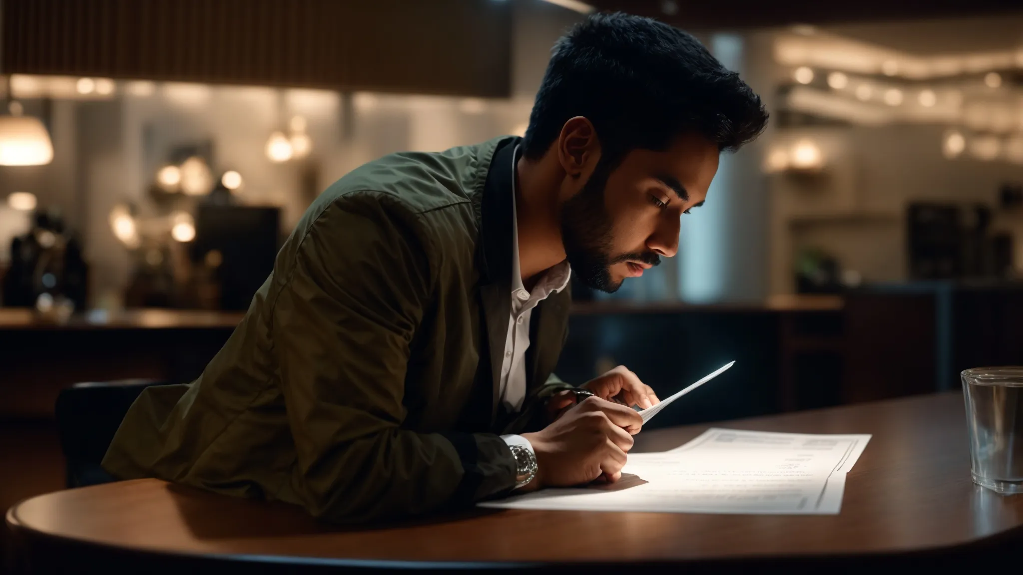a concerned individual intently examines a suspiciously marked cheque under dramatic overhead light, highlighting the urgency and gravity of cheque fraud investigation.