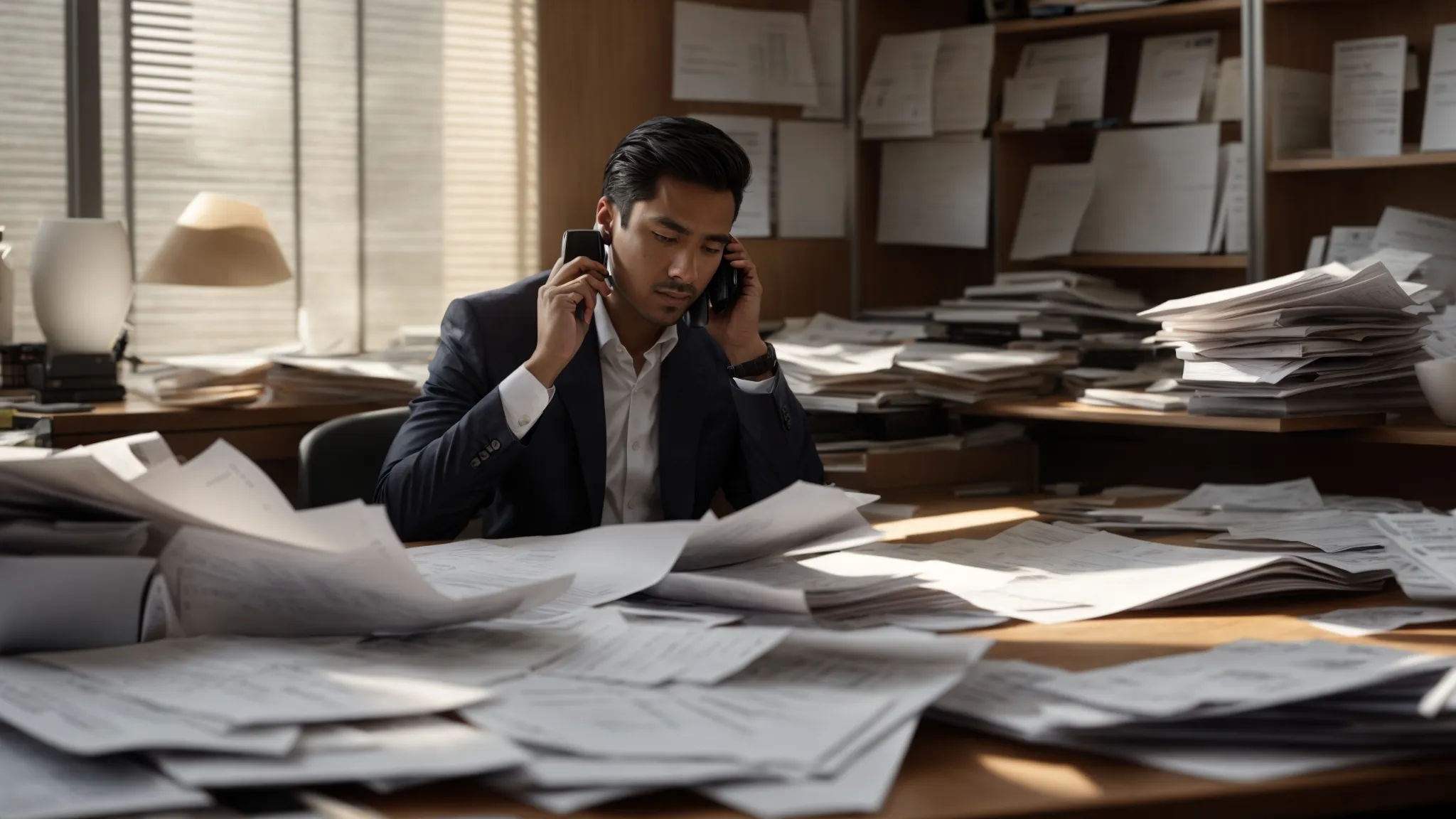 a concerned individual sits at a cluttered desk, urgently speaking on the phone while surrounded by scattered business cheques and documents, illuminated by natural light streaming through a nearby window, capturing the urgency of reporting a lost or stolen cheque.