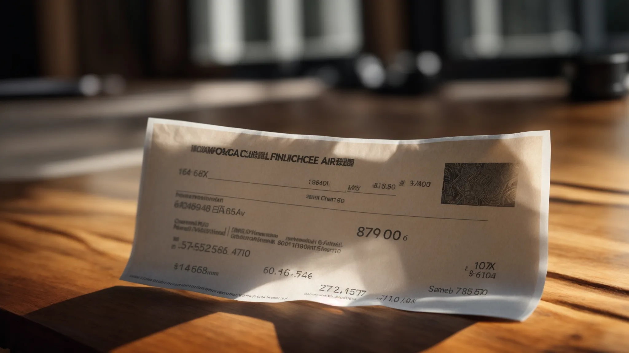 a dramatic close-up of a crumpled cheque resting on a polished wooden table, illuminated by soft, natural light, highlighting the intricate details and the stark contrast between the financial promise it holds and the frustration of cheque issues.