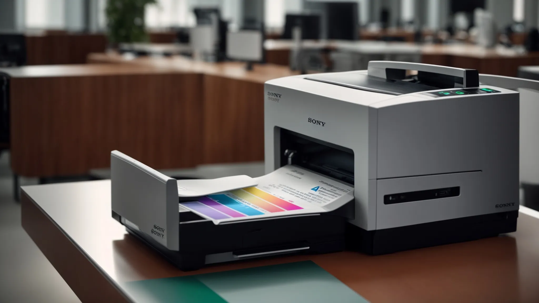 a dynamic, close-up view of a sleek, modern cheque printing machine in a bright office setting, surrounded by an array of colorful template designs, reflecting the efficiency and security of quick cheque printing services in the united arab emirates.