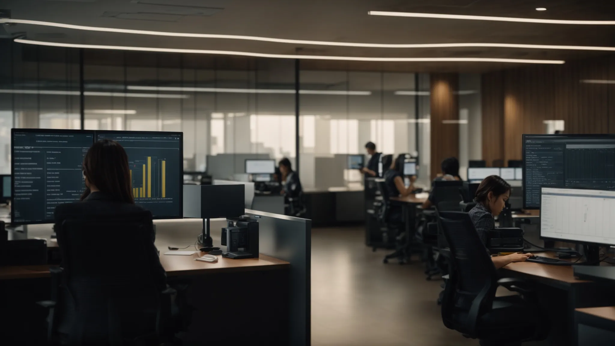 a dynamic office environment showcasing a sleek automated cheque processing system in action, with employees engaged in focused training and monitoring real-time tracking technologies for enhanced efficiency and operational performance.