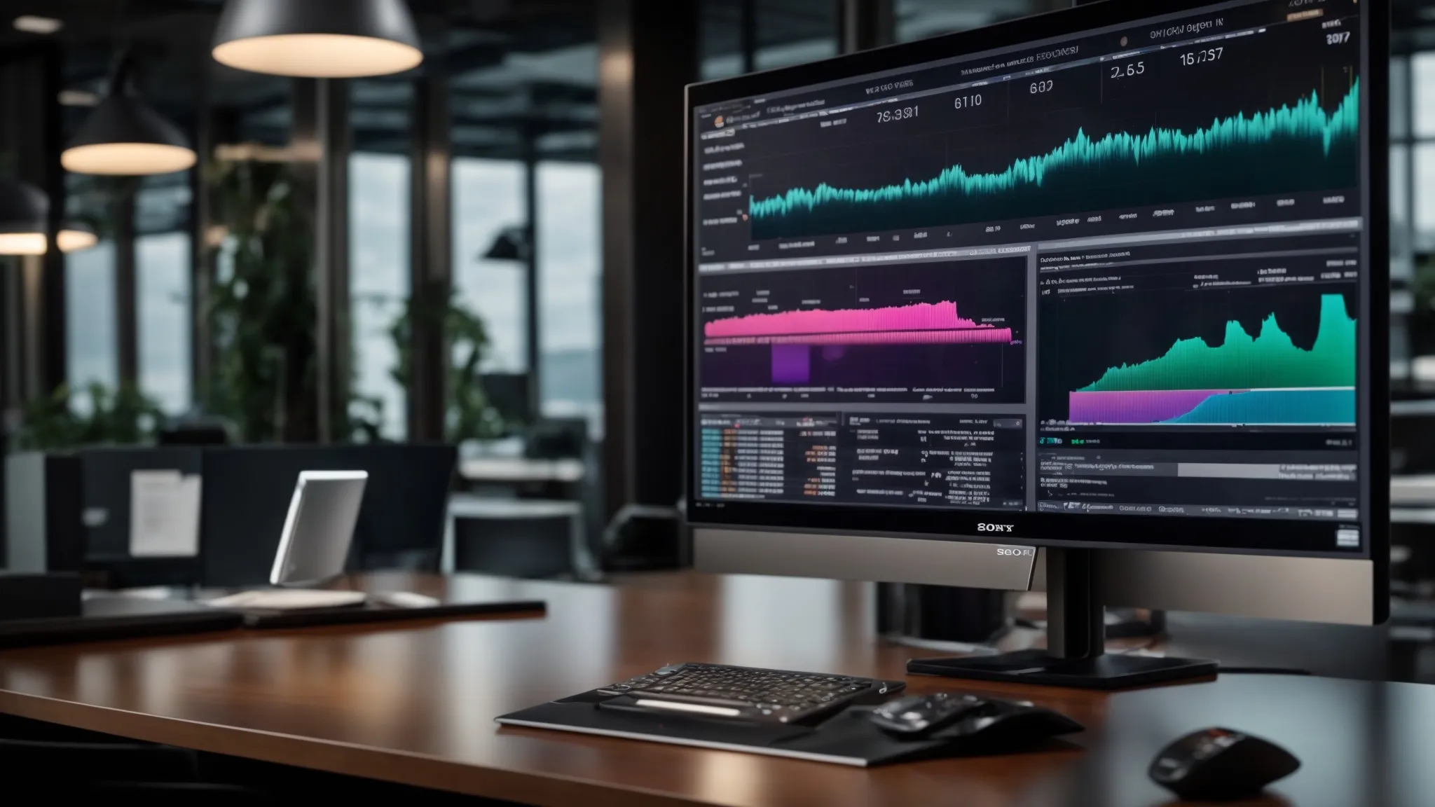 a dynamic office environment showcasing a sleek computer screen displaying integrated cheque order management software, surrounded by vibrant charts and analytics, emphasizing enhanced financial clarity and efficiency.