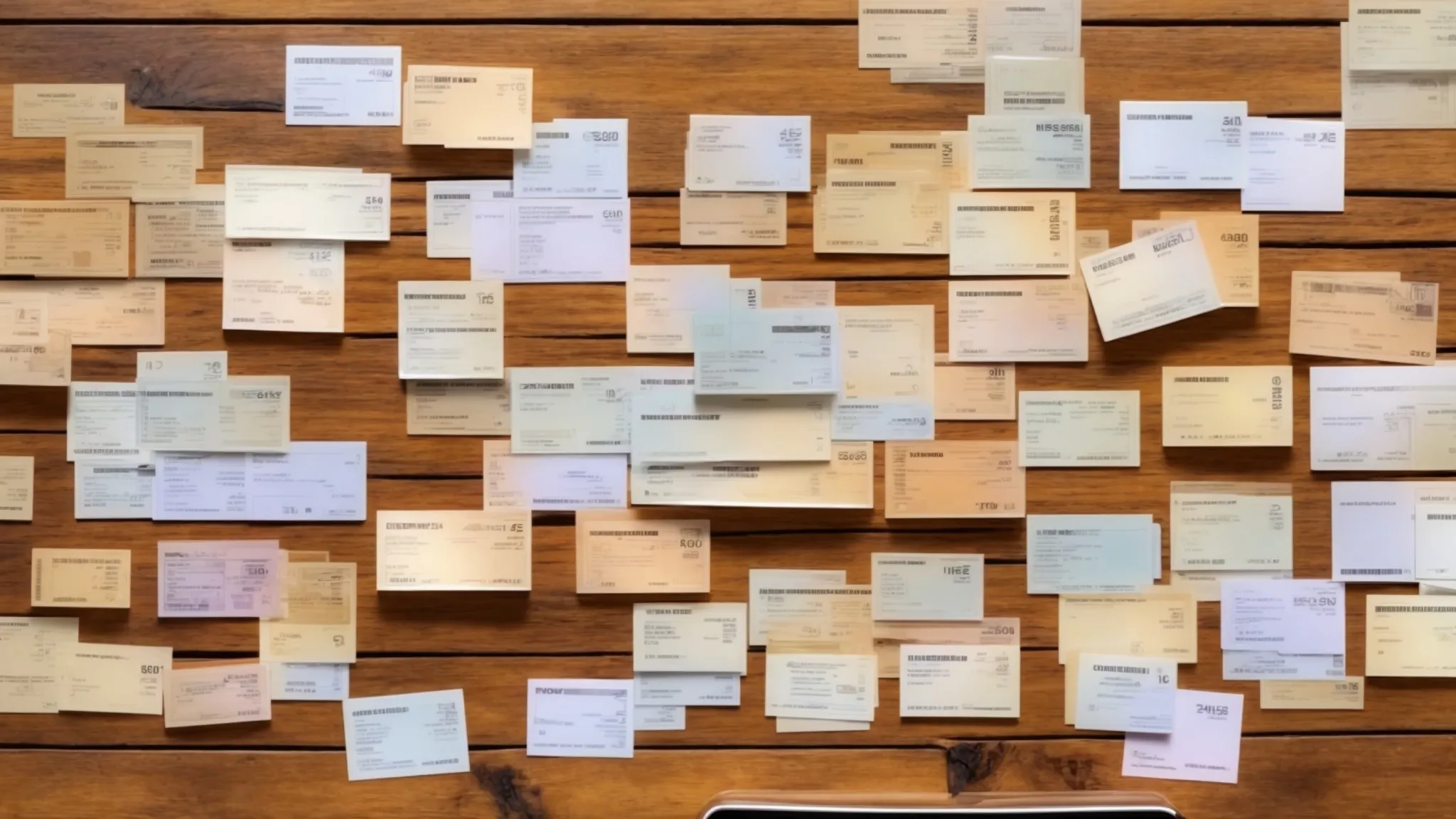 a dynamic overhead shot of a diverse range of business and personal cheques arranged on a polished wooden desk, showcasing varying styles and security features under soft, natural lighting that highlights the importance of tailored financial solutions.