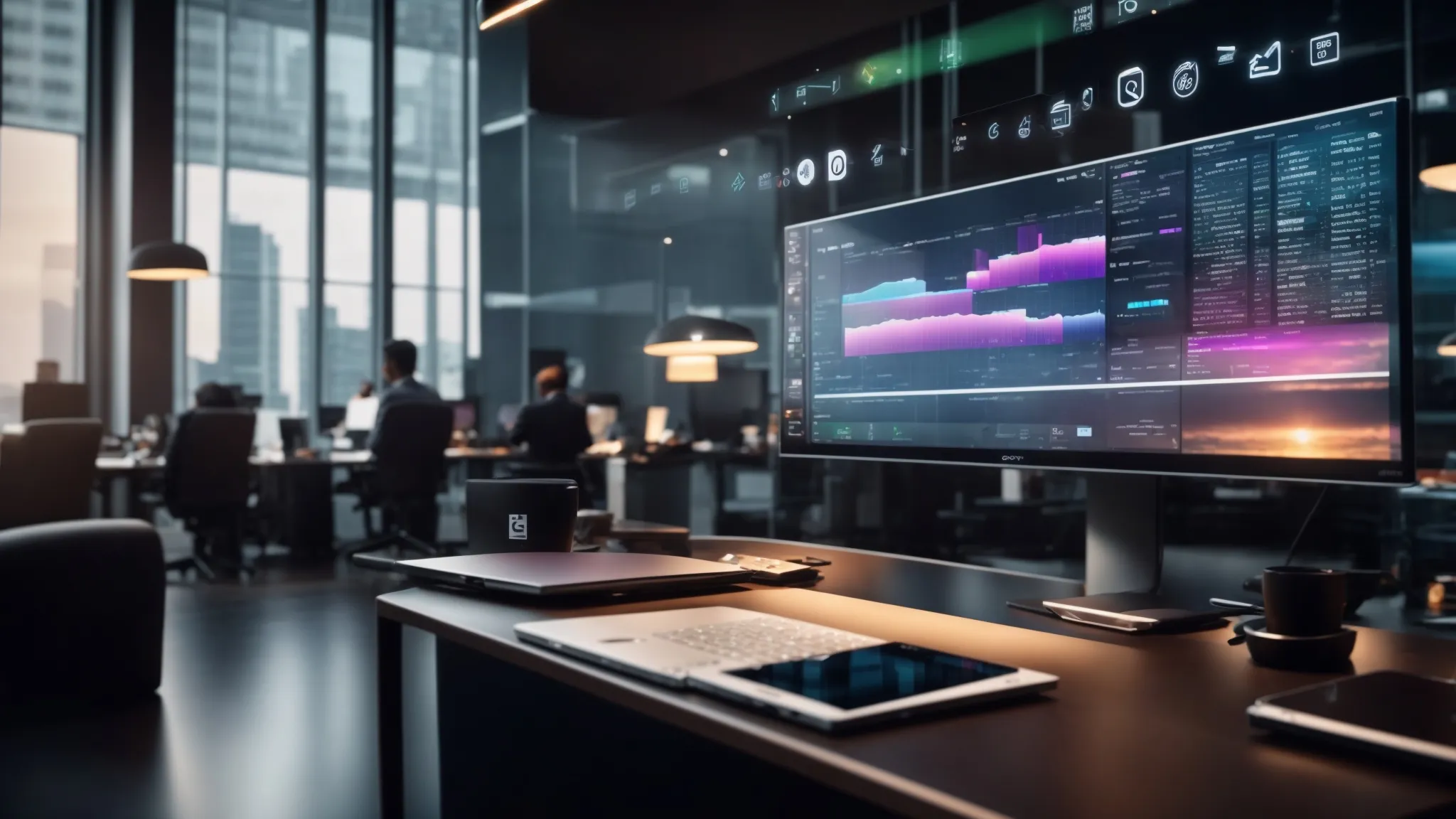 a dynamic scene captures a modern office workspace where a business professional effortlessly tracks cheques on a sleek digital device, surrounded by a vibrant display of automated software interfaces and secure cloud storage icons, symbolizing efficiency and innovative financial management.