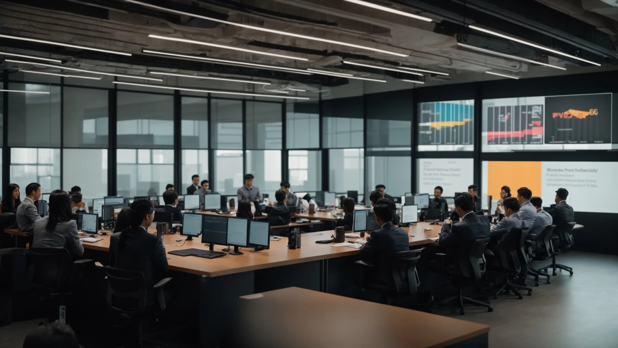 a dynamic training session in a modern office setting, featuring engaged employees attentively reviewing cheque order procedures with vibrant visuals of business and personal cheques displayed on a large screen.